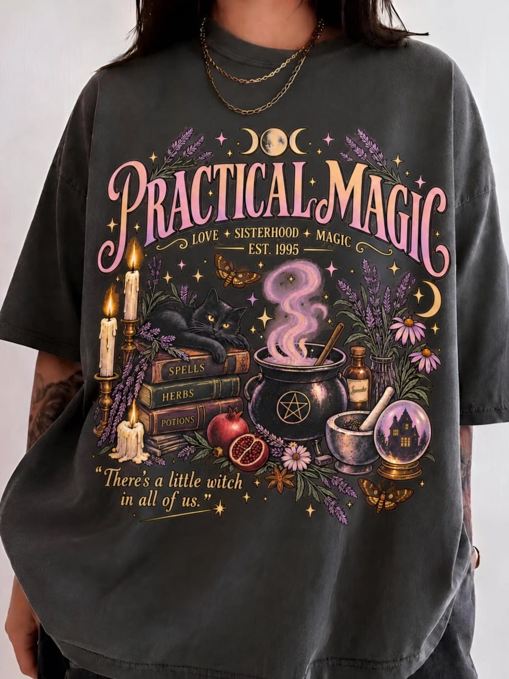 Practical Magic Graphic Wall Art Print - Charcoal with Pink & Lavender Accents
